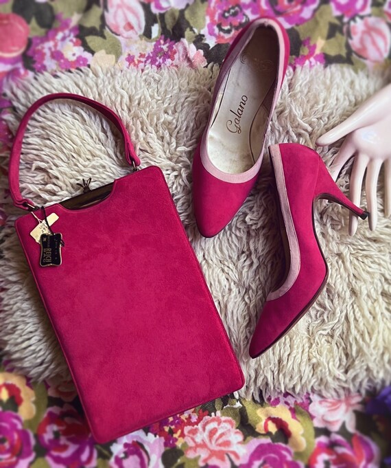 1950’s Vintage Raspberry Pink Suede Bag and Match… - image 1