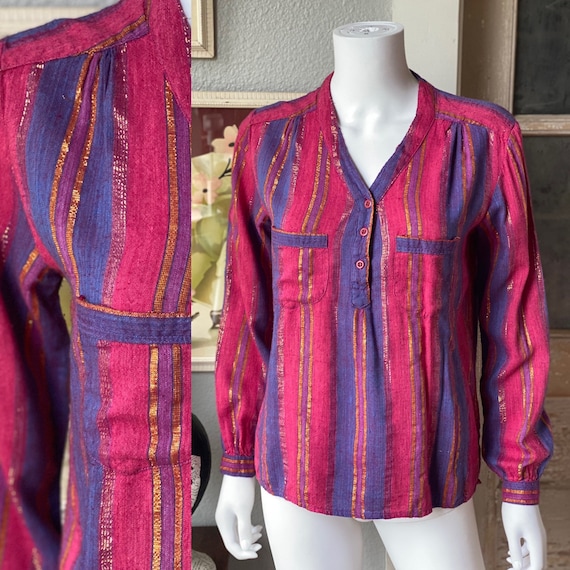 Vintage 1970’s striped Indian cotton metallic top… - image 1