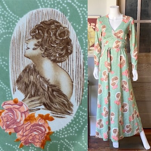 1970’s Vintage Dead stock art nouveau novelty print maxi dress | Size 12