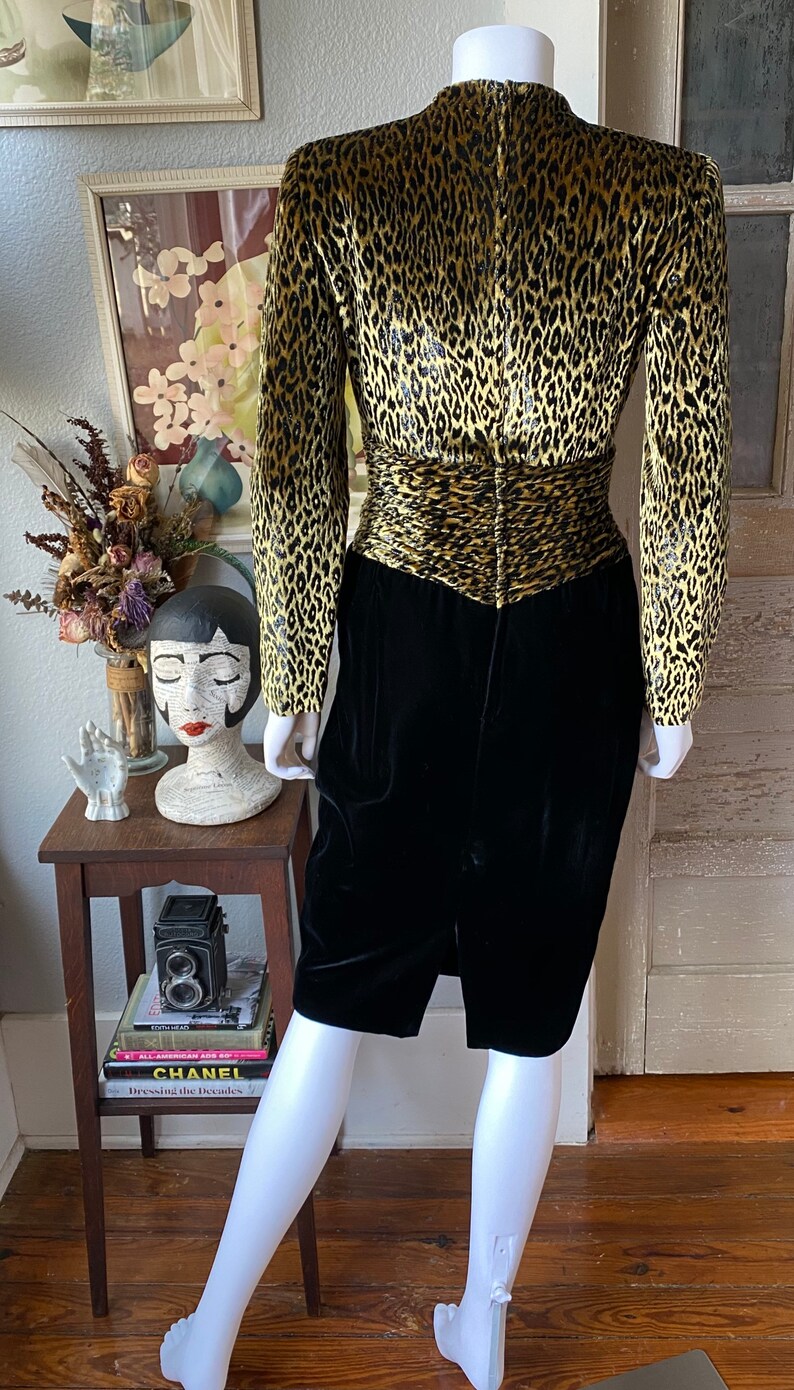 1980\u2019s Vicky Tiel couture black velvet and cheetah print dress