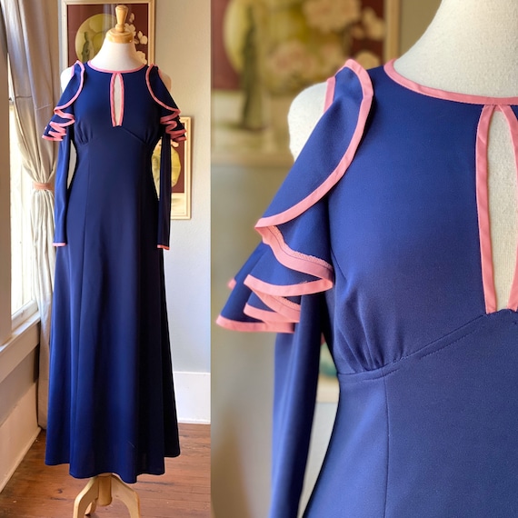 1970’s cold shoulder maxi dress Ossie Clark style