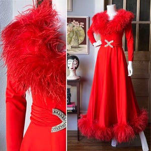 1970’s Vintage Rose Taft for Couture Fashions Marabou Feather Dress