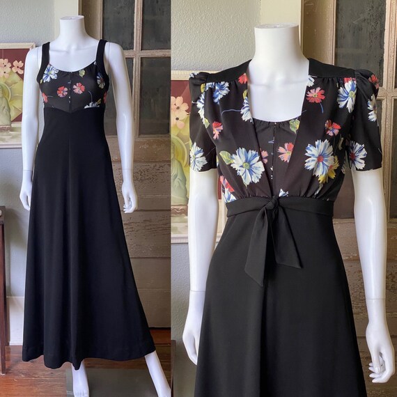 1970’s vintage black with daisy print maxi dress … - image 1