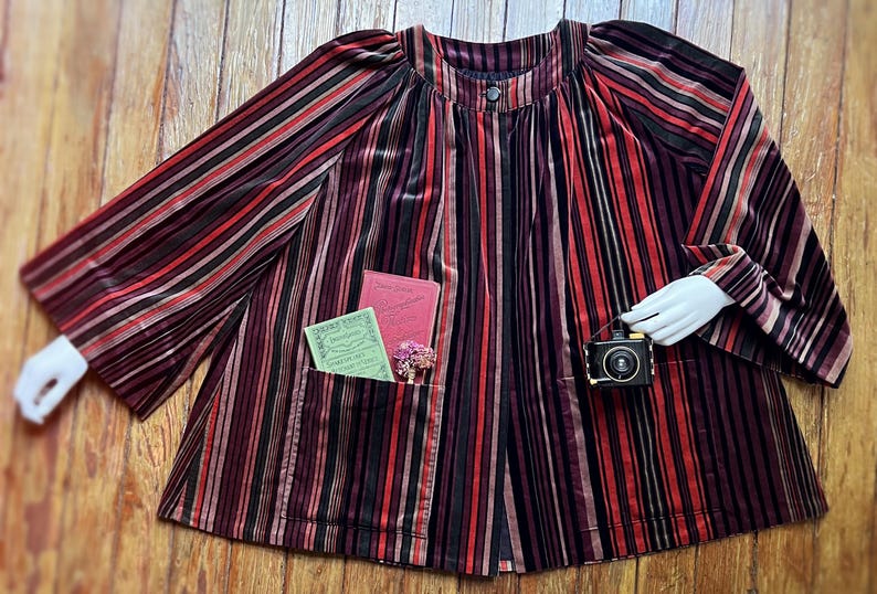 May include: A striped, burgundy velvet jacket with a round collar and long sleeves. The jacket has a pocket with two small books and a small camera. The stripes are in shades of red, black, and brown.