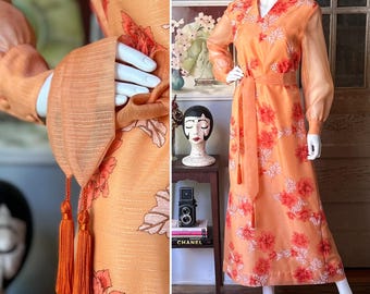 1970’s Vintage Alfred Shaheen Orange Floral Maxi Dress with Tassle Belt