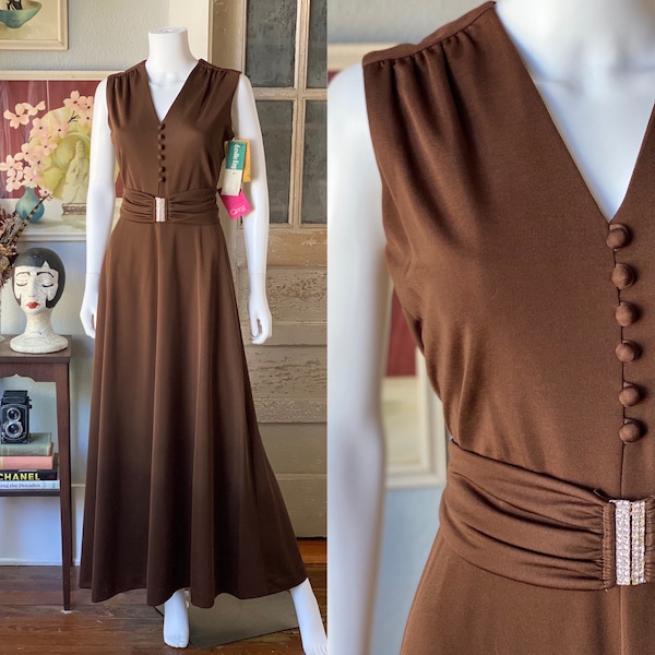 Vintage Deadstock 1970’s Leslie Fay maxi dress with rhinestone belt