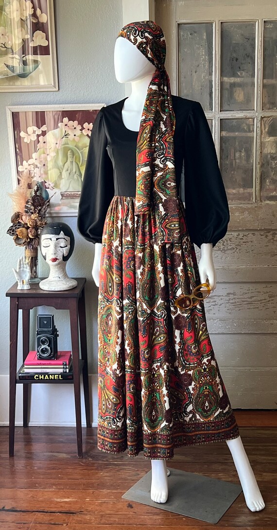 1970’s Vintage Bohemian Maxi Dress With Matching Scarf - Gem