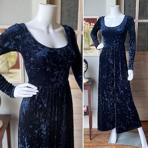 betsey johnson blue velvet dress 90s vtg BETSEY JOHNSON Crushed Stretch Blue VELVET Skater Dress USA Medium M
