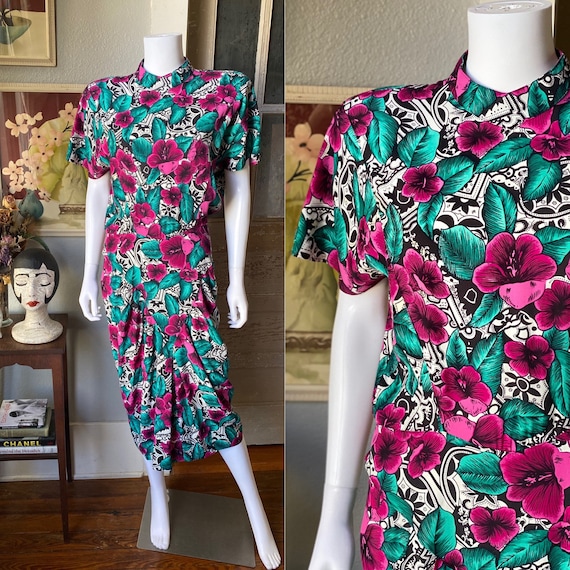 1980’s does 40’s hibiscus print dress by April Ra… - image 1