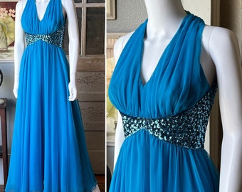 1960’s Vintage Blue Chiffon and Sequin Dress by Mike Benet Formals