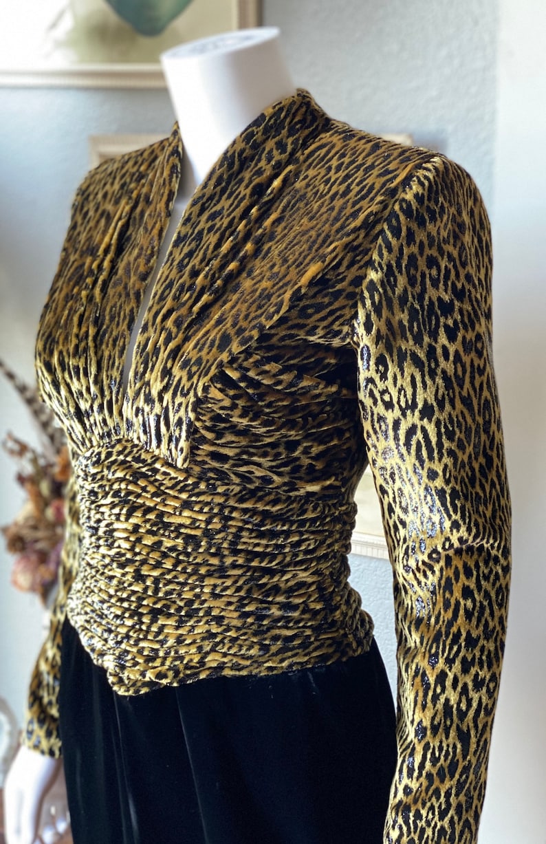 1980\u2019s Vicky Tiel couture black velvet and cheetah print dress