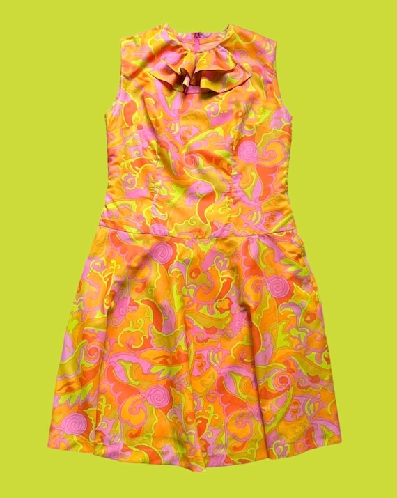 1960’s Vintage Neon Psychedelic Drop Waist Dress … - image 7