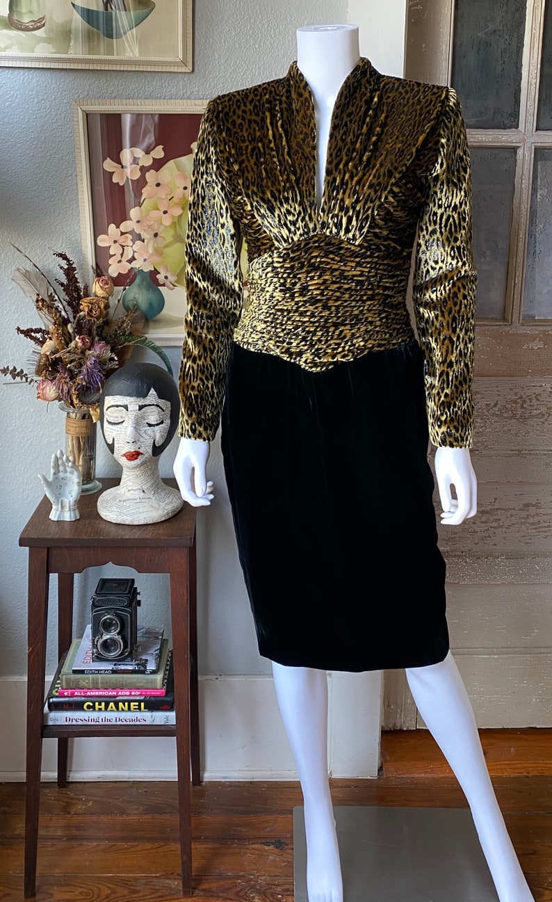 1980\u2019s Vicky Tiel couture black velvet and cheetah print dress