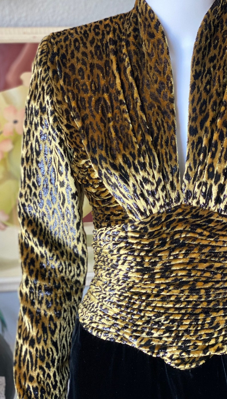 1980\u2019s Vicky Tiel couture black velvet and cheetah print dress