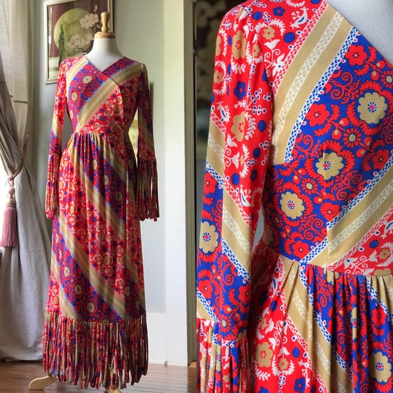 1970’s bohemian fringe maxi wrap dress