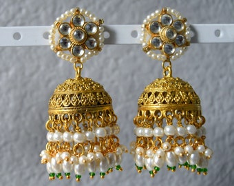 Gold Kundan Jhumka Earrings, Pearl Drop Earrings, Gold Filigree Jhumkas, White Pearl Earrings, Floral Jhumkas, Indian Wedding Gold Jewelry