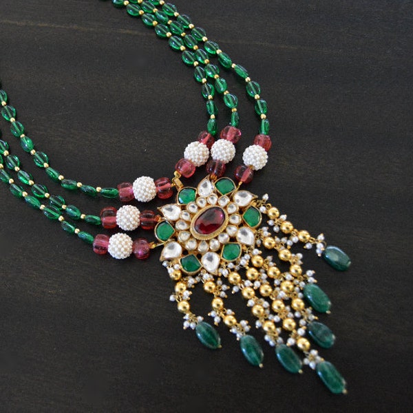 Gold Kundan Emerald Necklace, Ruby Necklace, Emerald Drop Earrings, Kundan Jewelry Set, White Seed Pearl Necklace, IndianWedding Jewelry Set