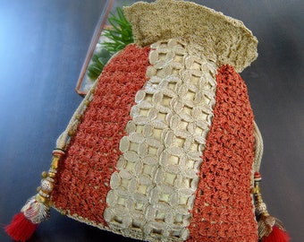 Gold Crochet Tote Bag, Rust Red Potli Bag, Gold Work, Indian Wedding Accessory, Handmade Indian Potli Bag, Statement Bridal Tote