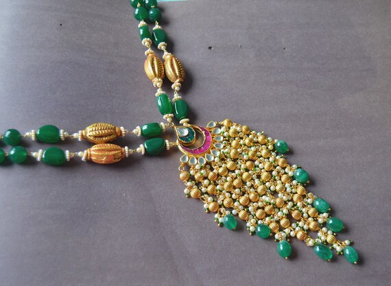 Gold Kundan Green Emerald Necklace 