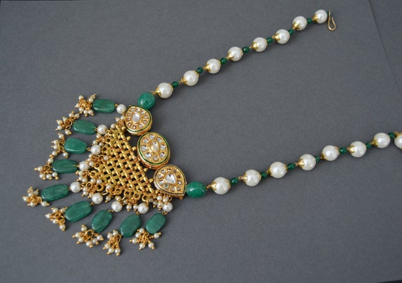 Gold Kundan Pearl Necklace Green 