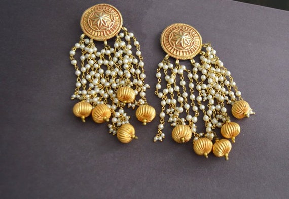 Matte Gold Earrings/ Lakshmi Earrings/south Indian Earrings/stud Earrings/chandelier  Earrings/temple Earrings/pearl Earrings - Etsy