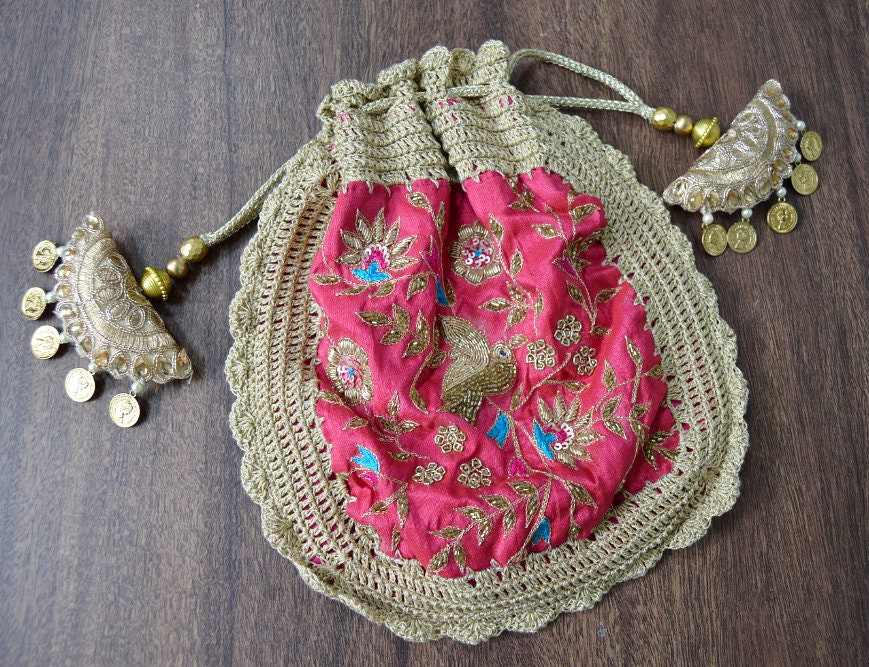 Pink Crochet Potli Bag Zardosi Silk Hand Embroidery Gold | Etsy