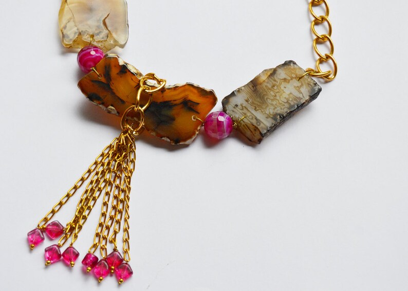 Druzy Agate Slice Choker, Gold Tassel Necklace, Colorful Necklace, Gold Statement Necklace, Bold Necklace, Indian Jewelry, Unique Necklace image 3