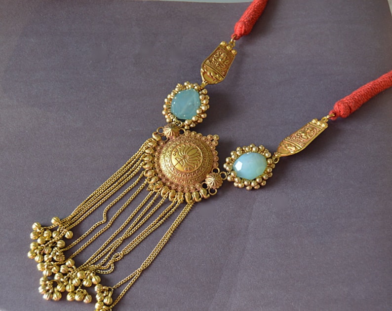 Gold Boho Statement Necklace Antique Gold Tassel Necklace Blue Quartz Necklace Indian Jewelry GoldTribal Necklace Gold Lotus Necklace