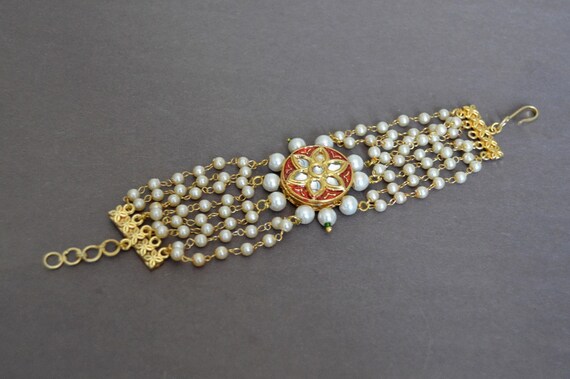 Gold Kundan Bracelet Red Enamel Ruby Bracelet White Pearl Bracelet Gemstone Bracelet Indian Jewelry Wedding Bracelet Gold Bracelet