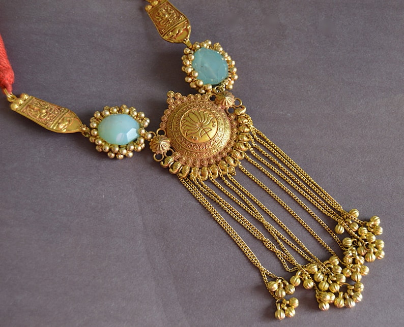 Gold Boho Statement Necklace Antique Gold Tassel Necklace Blue Quartz Necklace Indian Jewelry GoldTribal Necklace Gold Lotus Necklace