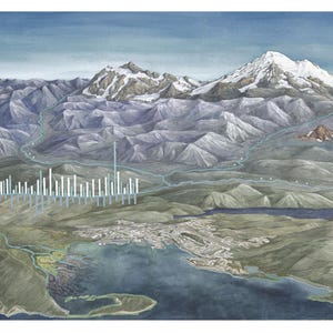 May include: Watercolor landscape painting depicting a mountainous region with snow-capped peaks, a river, and a coastal area. The artwork includes a series of vertical white lines, possibly representing a city or urban area. The color palette is dominated by blues, greens, and whites.