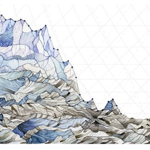 Puede incluir: Una pintura abstracta de acuarela de una cordillera de montañas en tonos azules y grises. Los picos de las montañas están delineados en negro y el fondo es una cuadrícula blanca.