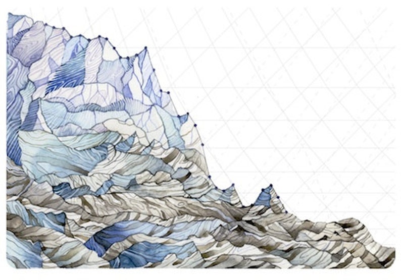 Puede incluir: Una pintura abstracta de acuarela de una cordillera de monta&ntilde;as en tonos azules y grises. Los picos de las monta&ntilde;as est&aacute;n delineados en negro y el fondo es una cuadr&iacute;cula blanca.