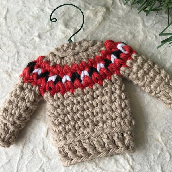 Sweater Ornament, Fair Isle Mini Sweater, Jute & Red, Ugly Sweater Ornament, Mini Sweater, Tiny Christmas Sweater, Crochet Sweater Ornament