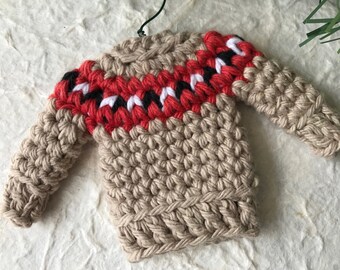 Sweater Ornament, Fair Isle Mini Sweater, Jute & Red, Ugly Sweater Ornament, Mini Sweater, Tiny Christmas Sweater, Crochet Sweater Ornament