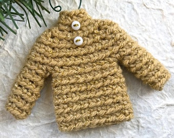 Sweater Ornament, Christmas Ornament for Men, Mens Fashion Sweater Ornament, Light Brown with Gold Metallic Accent and Tiny White Buttons