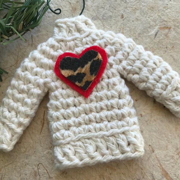 Sweater Ornament, Soft Ecru with Leopard Print Heart, Ugly Sweater Ornament, Christmas Sweater Ornament, Tiny Crochet Sweater Ornament