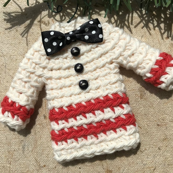 Sweater Ornament, Embellished Gentlemans Style, Ecru and Christmas Red, with Black and White Bow Tie, Ugly Sweater, Tiny Christmas Sweater