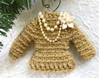 Sweater Ornament, Tiny Crochet Sweater in Light Brown with Metallic Gold, Two Pearl Strands and Flower Pin, Ugly Sweater Christmas Ornament