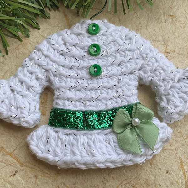 Sweater Ornament, White Silver and Green, Ladies Style Christmas Sweater Ornament, Miniature Crochet Sweater, with Buttons Belt and Bow