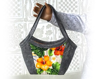 Hawaiian Print Tote Bag for 18" Dolls Like American Girl, Cute and Stylish Shape Tote, Gray and Floral, Orange Lined with Interior Pocket