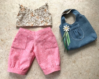 Cropped Beach Pants with Tank Top and Embellished Denim Tote Bag for 18" Dolls Like American Girl, Trendy Cute Summer Vacation Doll Clothes