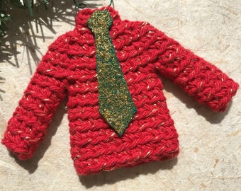 Sweater Ornament, Christmas Ornament for Men, Crocheted Sweater Ornament in Red with Glitter Necktie, Ugly Christmas Sweater Ornament