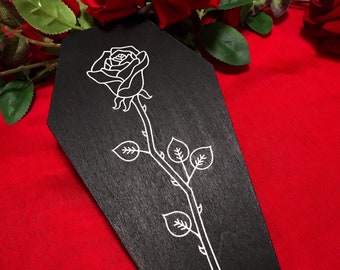 MADE TO ORDER - Rose Coffin Shaped Wall Plaque, made to order, death art, mourning, wood plaque, wall art, cemetery, Salem