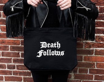 Death Follows Logo Zipper Tote Bag, black, cotton, canvas, nature art, goth, zipper, witchy, Salem