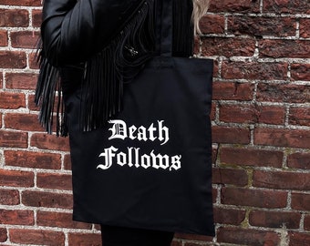 Death Follows Leightweight Tote Bag, black, cotton, canvas, nature art, goth, witchy, Salem