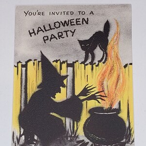 Vintage Halloween Invitation. Witch with her Cat and Cauldron. Old Hall Bros.