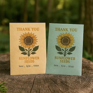 Custom Thank You Favors. Sunflower Seed Packets with Custom Names and Dates for Showers, Parties, Events, Weddings, or Just Because