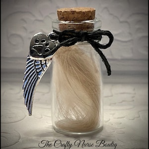 Small glass memorial bottle for pet hair. (Pet and religion neutral options available) PLEASE READ DESCRIPTION