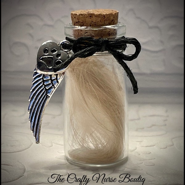 Small glass memorial bottle for pet hair. (Pet and religion neutral options available) PLEASE READ DESCRIPTION
